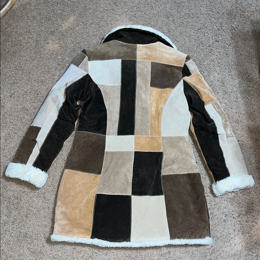 STATIC Patchwork Suede Leather Penny Lane Sherpa Coat Jacket Neutral Brown Tan M - Picture 6 of 8